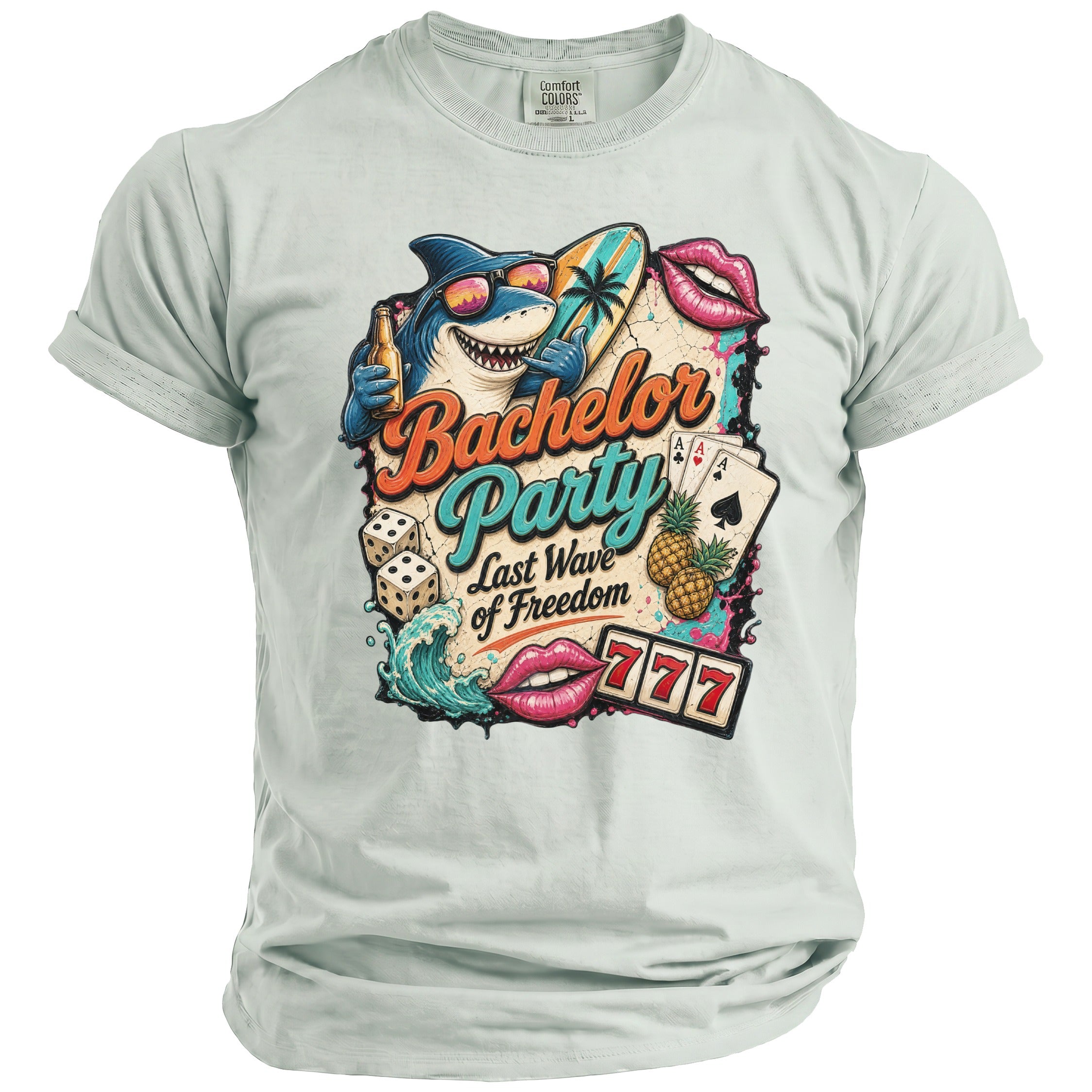 T-shirt graphic for "Bachelor Party Last Wave of Freedom" with shark, dice, and slot machine.