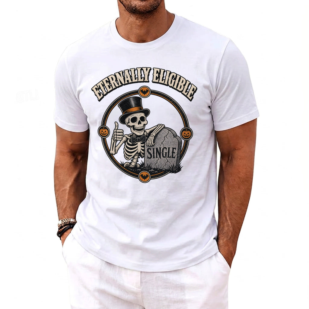 White t-shirt with skeleton in a top hat and bow tie, leaning on a tombstone that reads SINGLE.