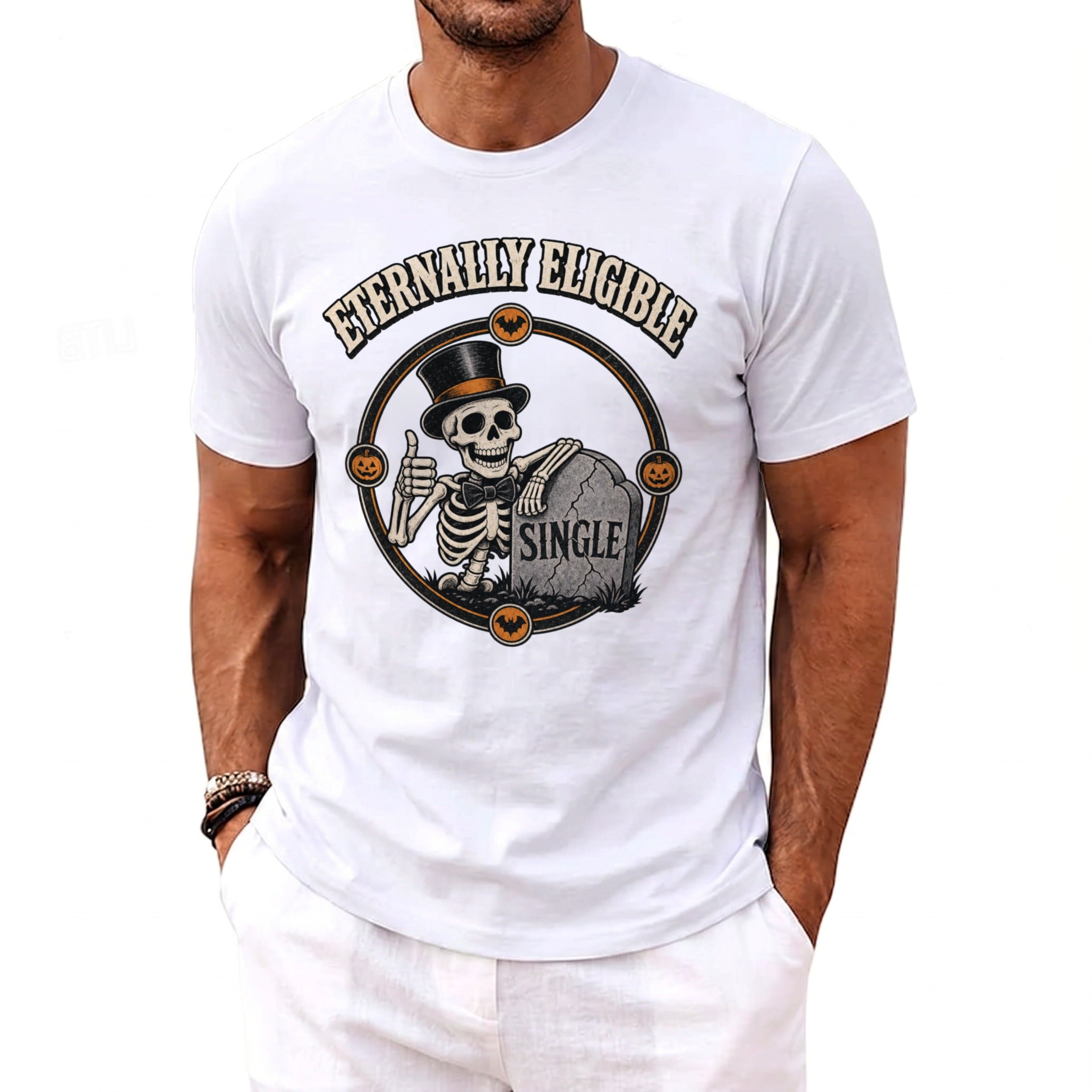White t-shirt with skeleton in a top hat and bow tie, leaning on a tombstone that reads SINGLE.