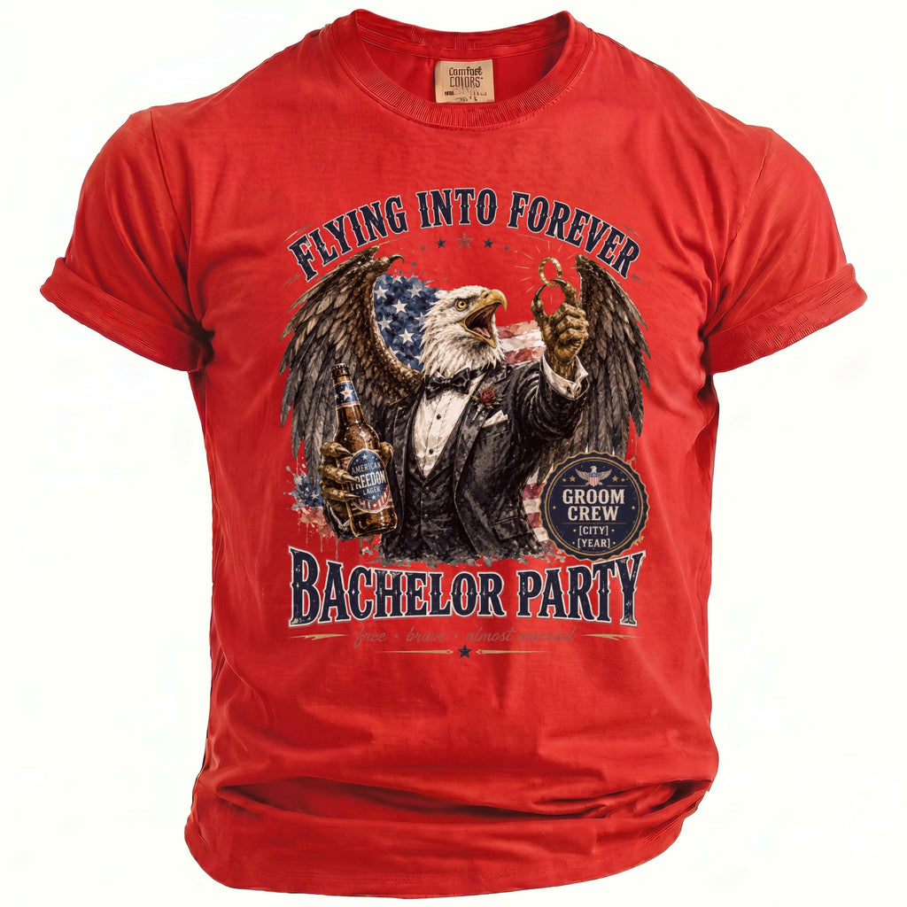 Red t-shirt with eagle graphic, American flag, beer bottle, and "Bachelor Party" text.