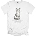 White t-shirt with a sketch of a grumpy cat and text "UNTITLED (THE HOUSE IS MINE)".