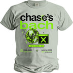 Grey t-shirt with "chase's bach", disco ball, and "party mode: on".