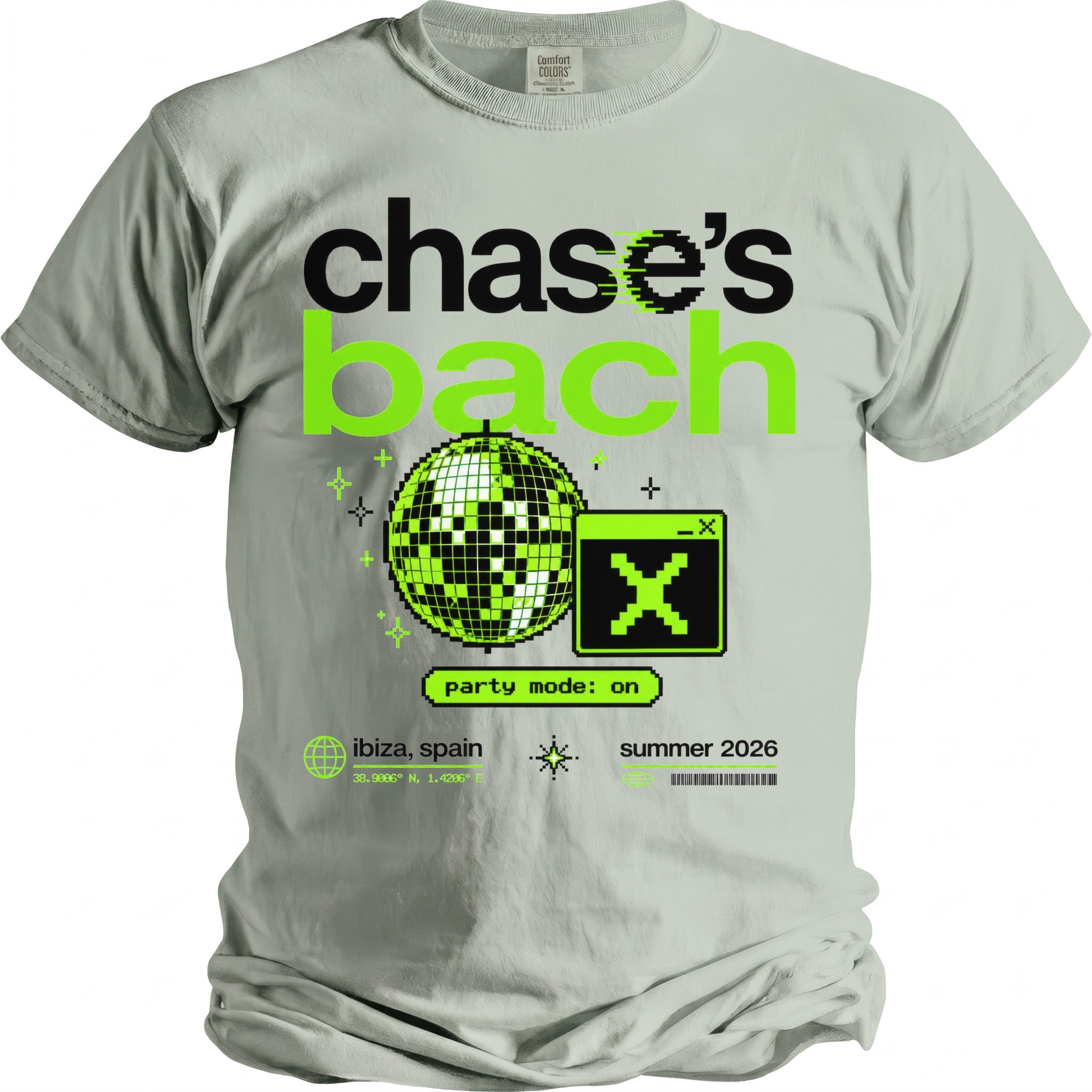 Grey t-shirt with "chase's bach", disco ball, and "party mode: on".