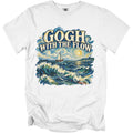 White t-shirt with "GOGH WITH THE FLOW" text over a Van Gogh-style seascape.
