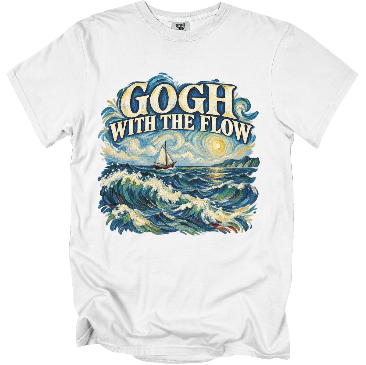 White t-shirt with "GOGH WITH THE FLOW" text over a Van Gogh-style seascape.