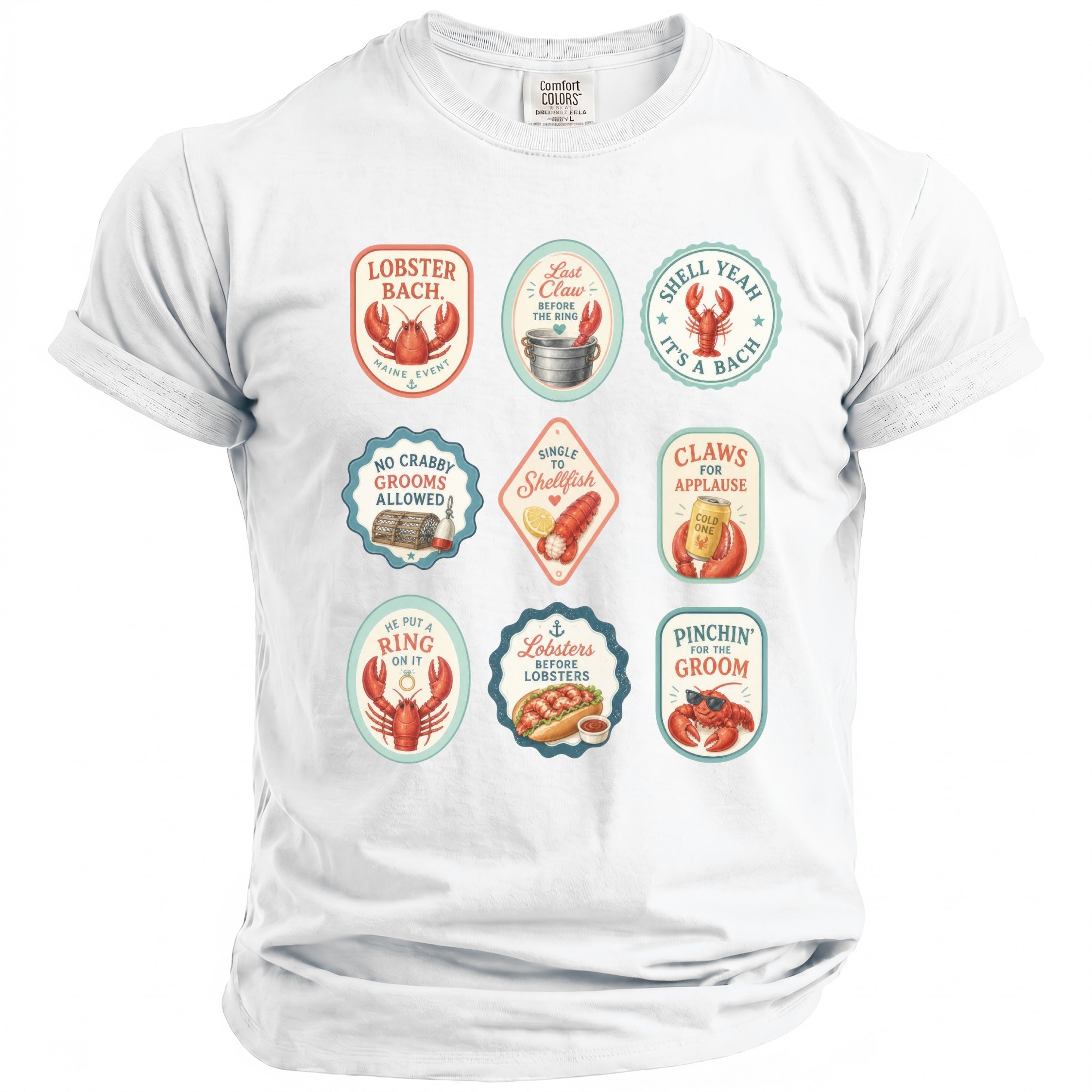 White t-shirt with nine oval graphics featuring lobsters and text.