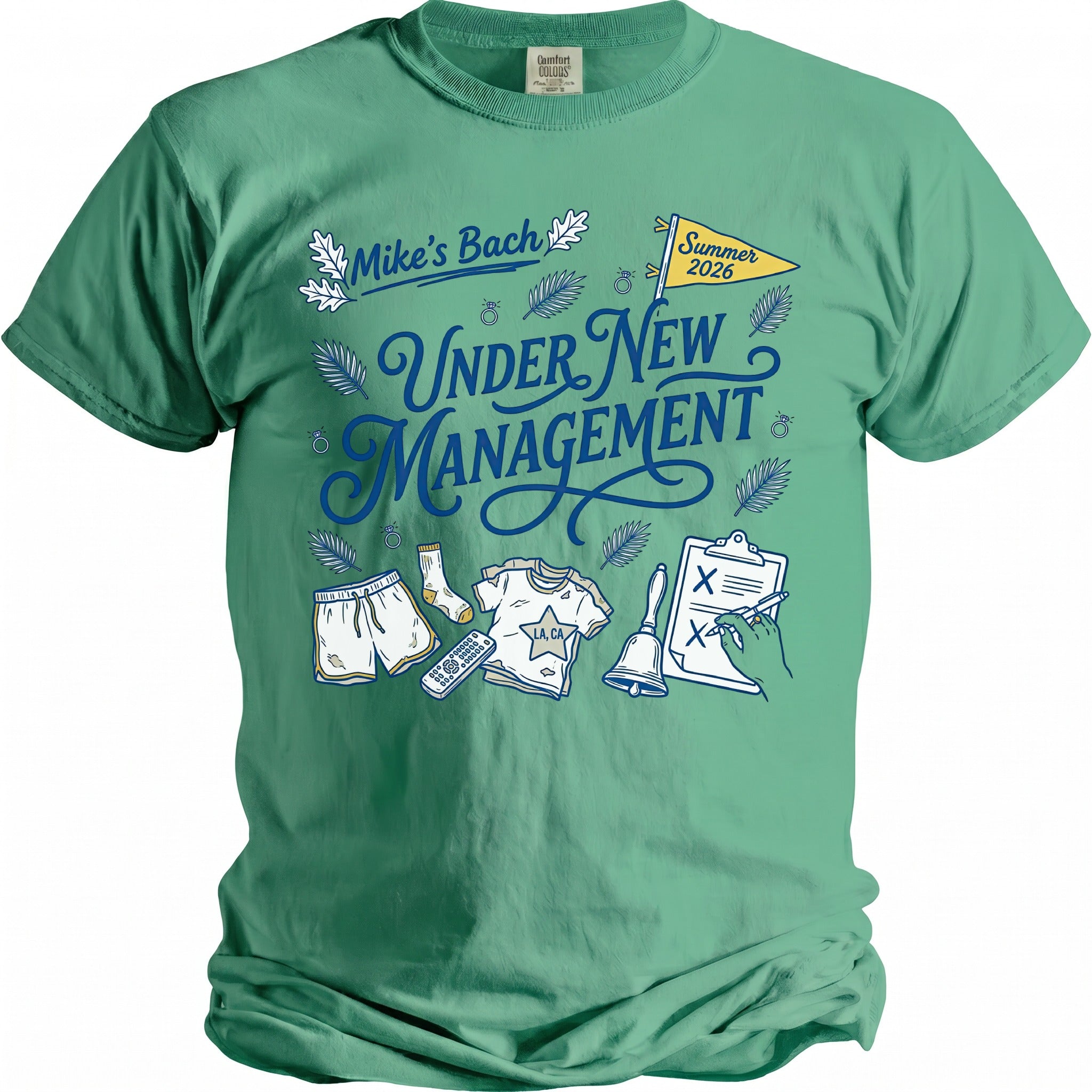 Green t-shirt with "Mike's Bach Under New Management Summer 2026" graphic.