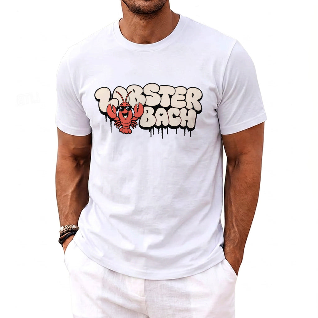 White t-shirt with a graphic of a lobster and the text "LOBSTER BACH".