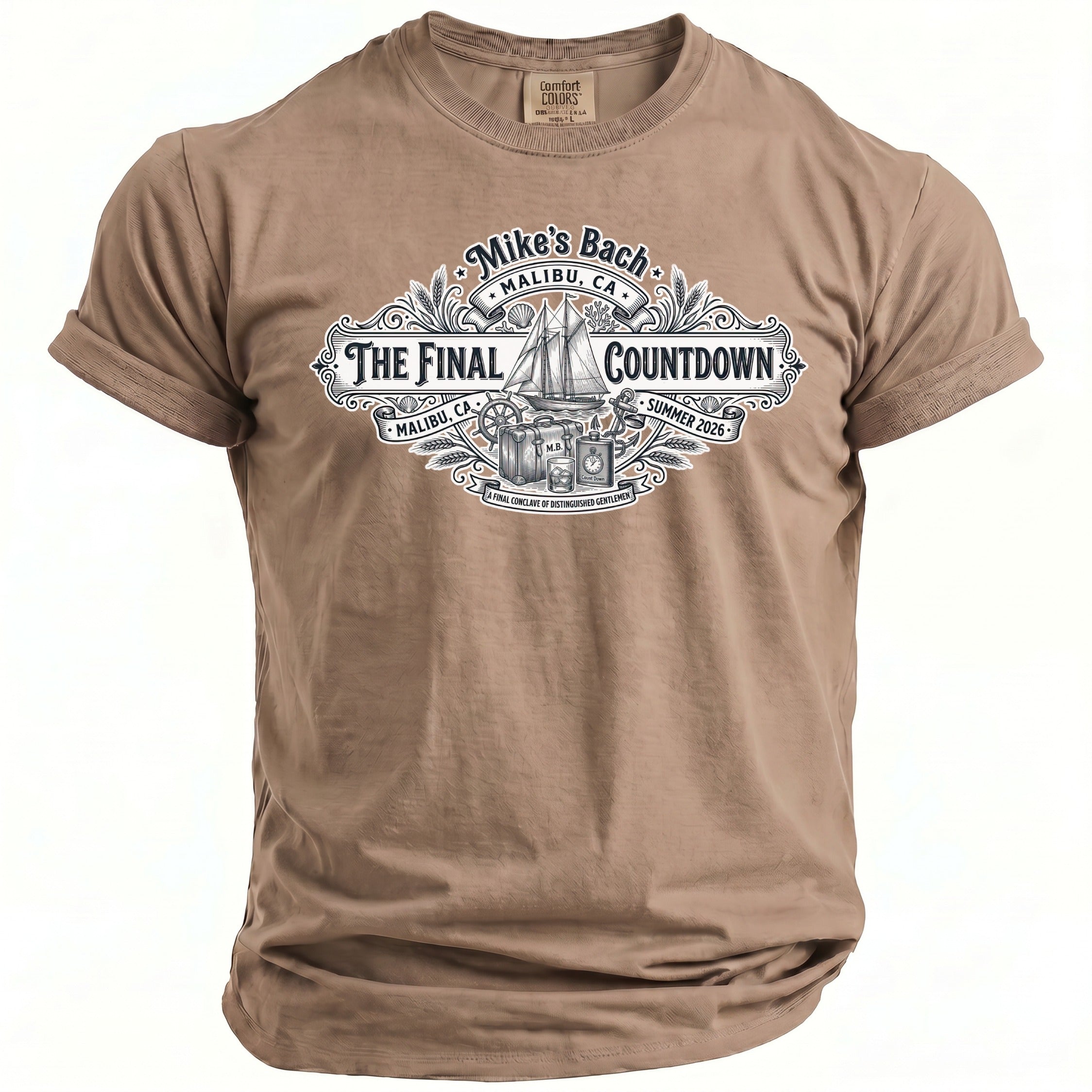 Short-sleeve t-shirt with "Mike's Bach" graphic and sailing motif.
