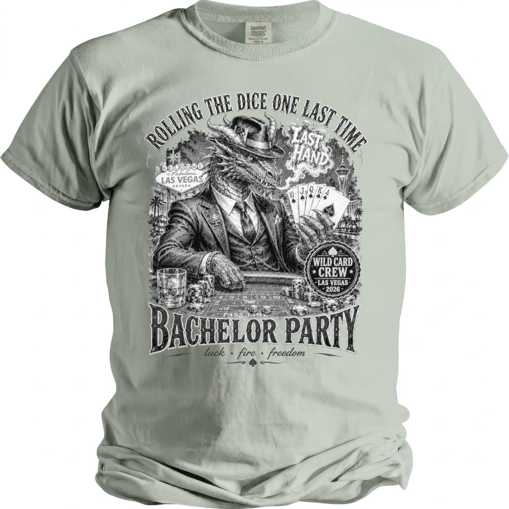 Dragon in suit plays poker with "Bachelor Party" and "Wild Card Crew" text.