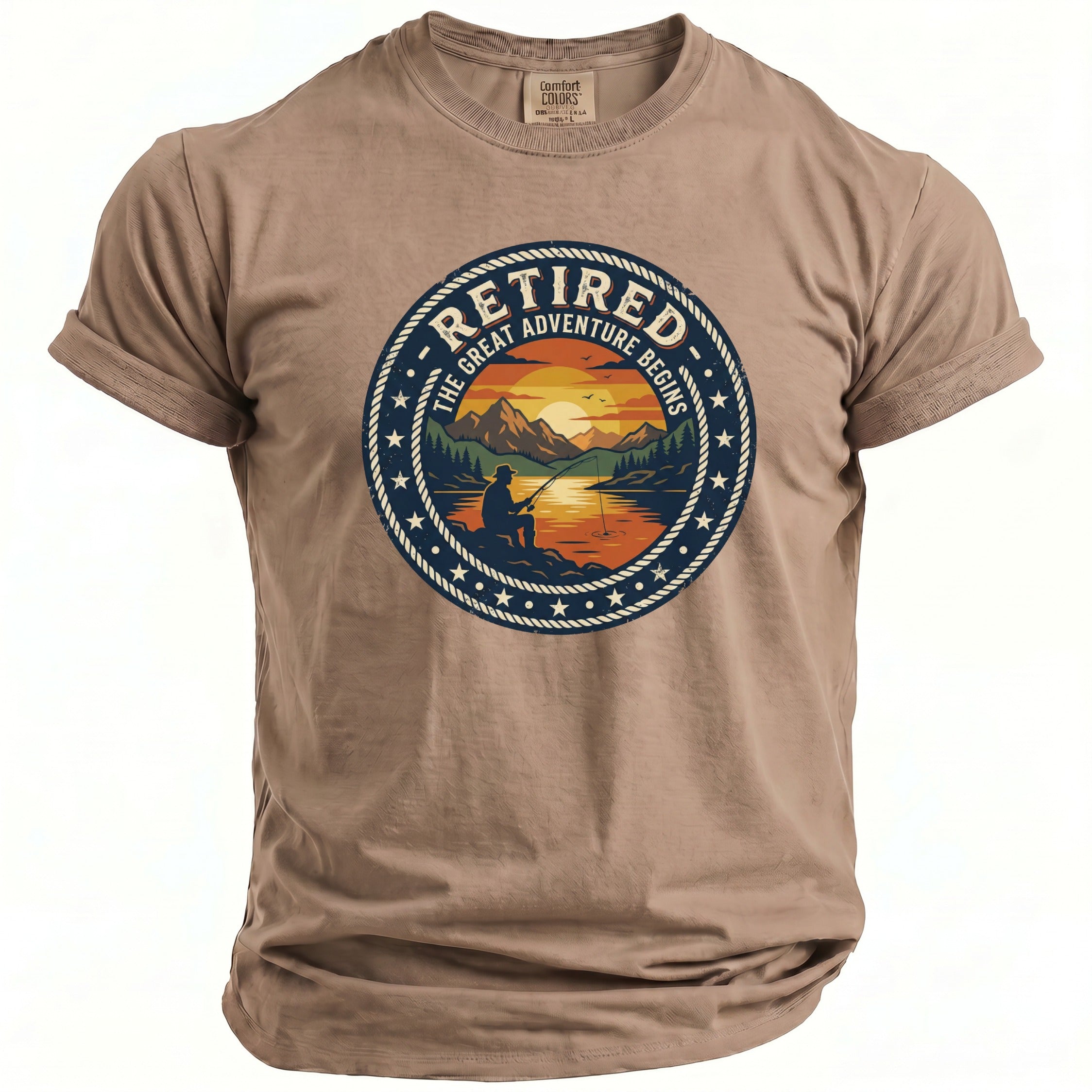 T-shirt with a round graphic featuring a fisherman and mountains at sunset.
