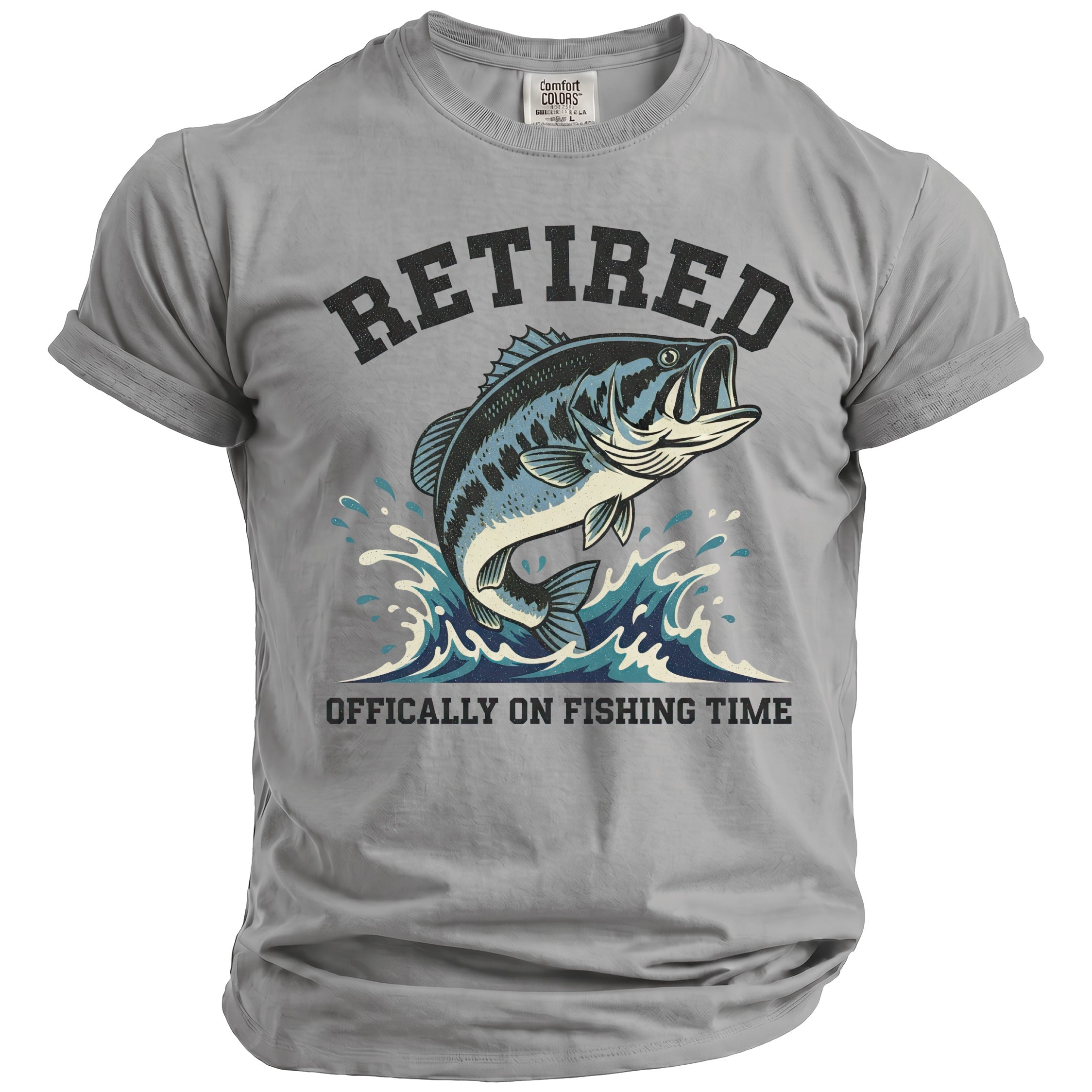 Grey t-shirt with bass jumping out of water and text "RETIRED OFFICALY ON FISHING TIME".