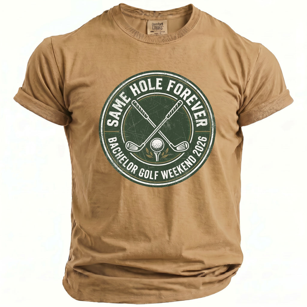 Brown t-shirt with a circular graphic featuring golf clubs, ball, and text.