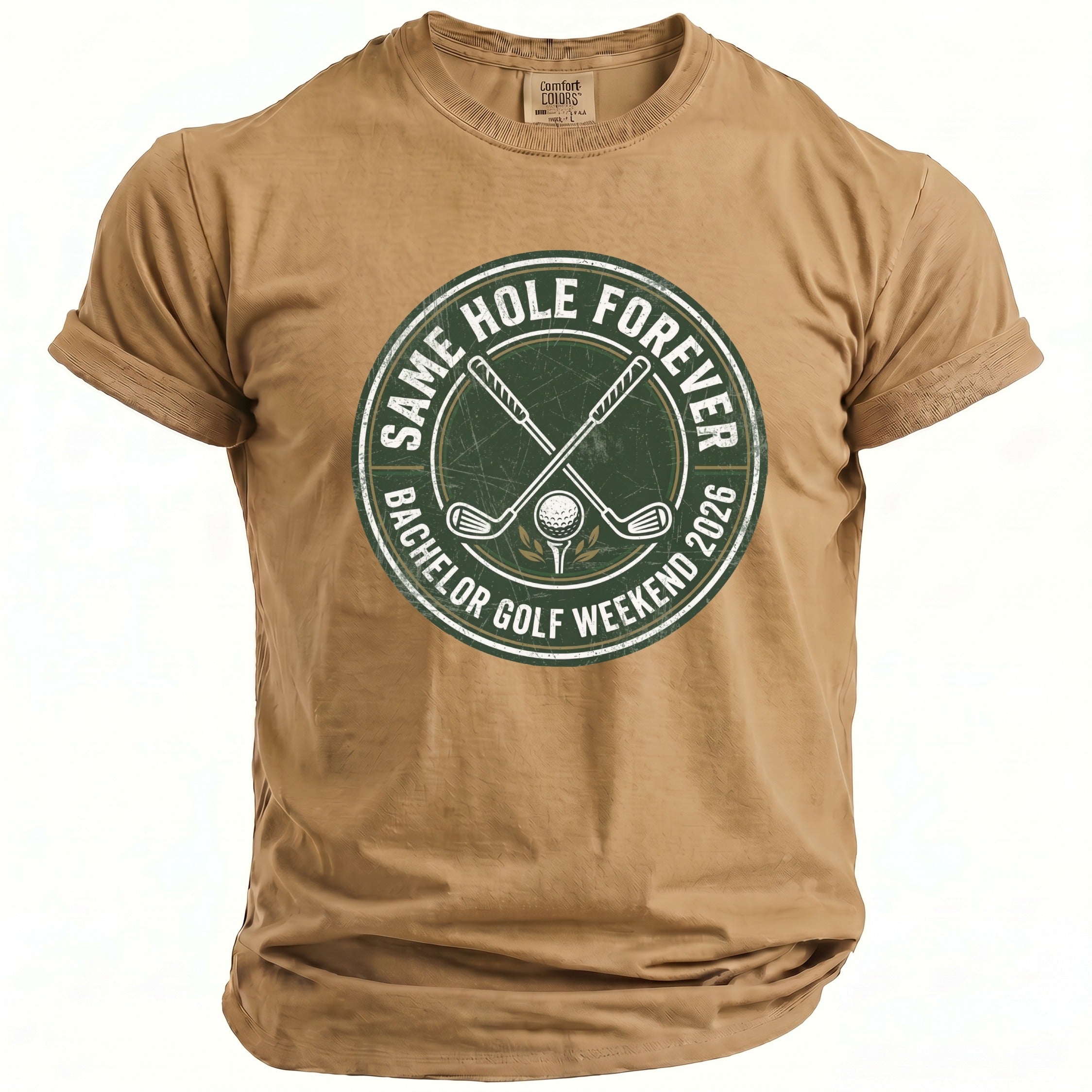 Brown t-shirt with a circular graphic featuring golf clubs, ball, and text.