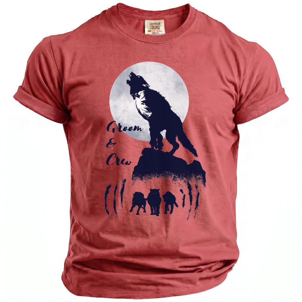 T-shirt graphic of a wolf howling at the moon and "Groom & Crew" text.