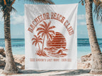 White tapestry with distressed "Bachelor Beach Club" design and "Groom's Last Wave 2026".