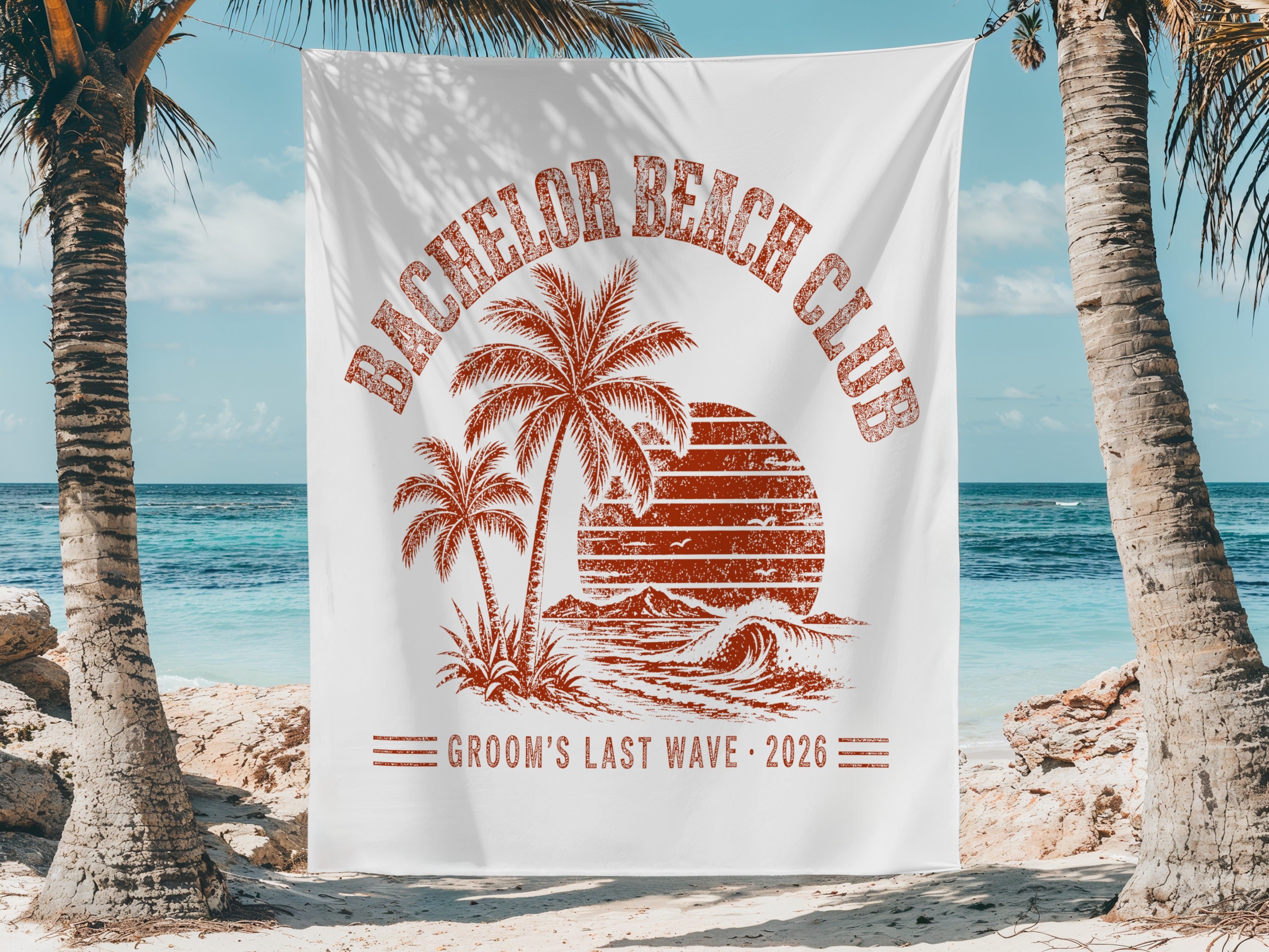 White tapestry with distressed "Bachelor Beach Club" design and "Groom's Last Wave 2026".