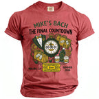 T-shirt with "Mike's Bach The Final Countdown" text, tuxedo, luggage, and drinks.