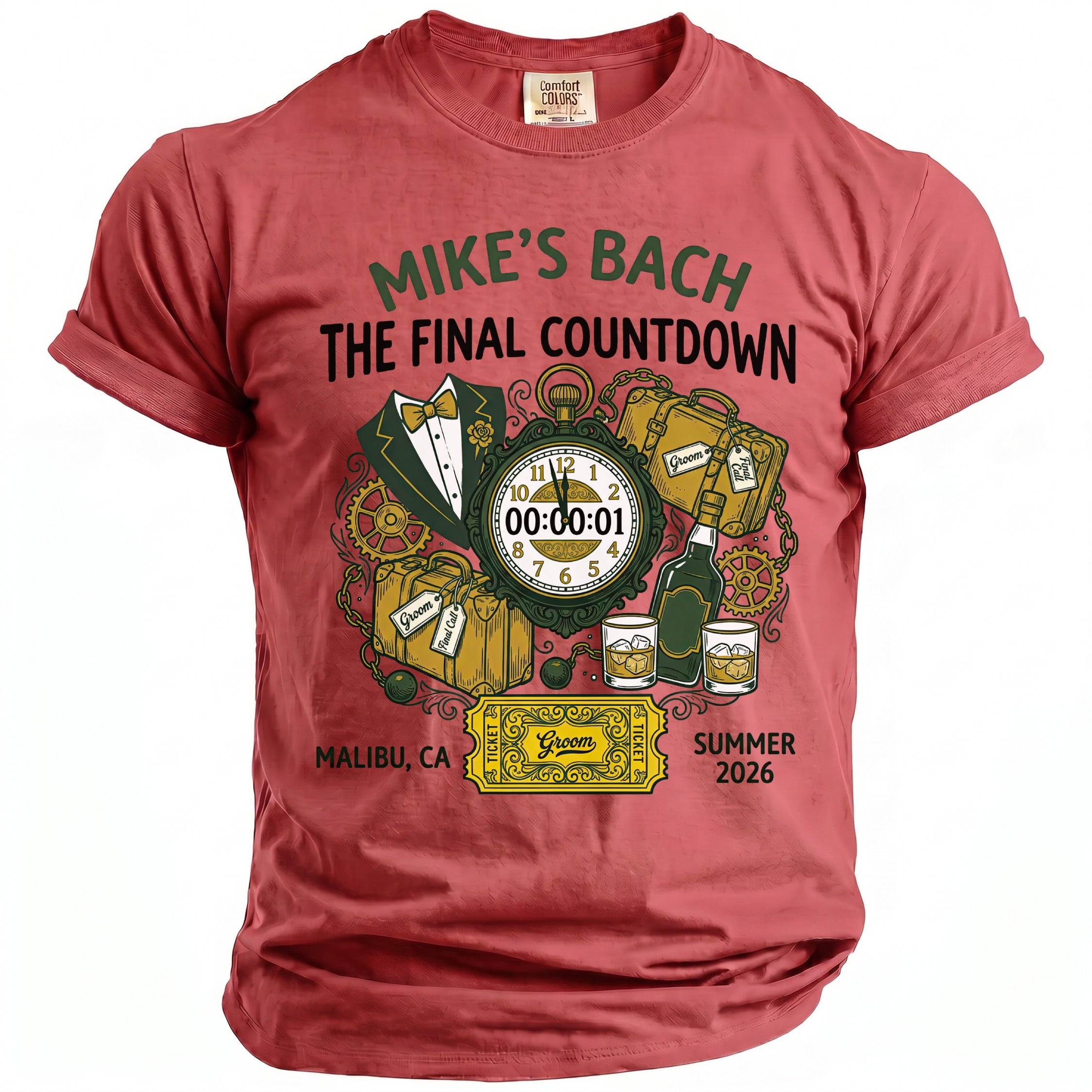 T-shirt with "Mike's Bach The Final Countdown" text, tuxedo, luggage, and drinks.
