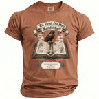 Brown t-shirt with raven on open book and text: 'Til Death, Our Most Faithful Spell.