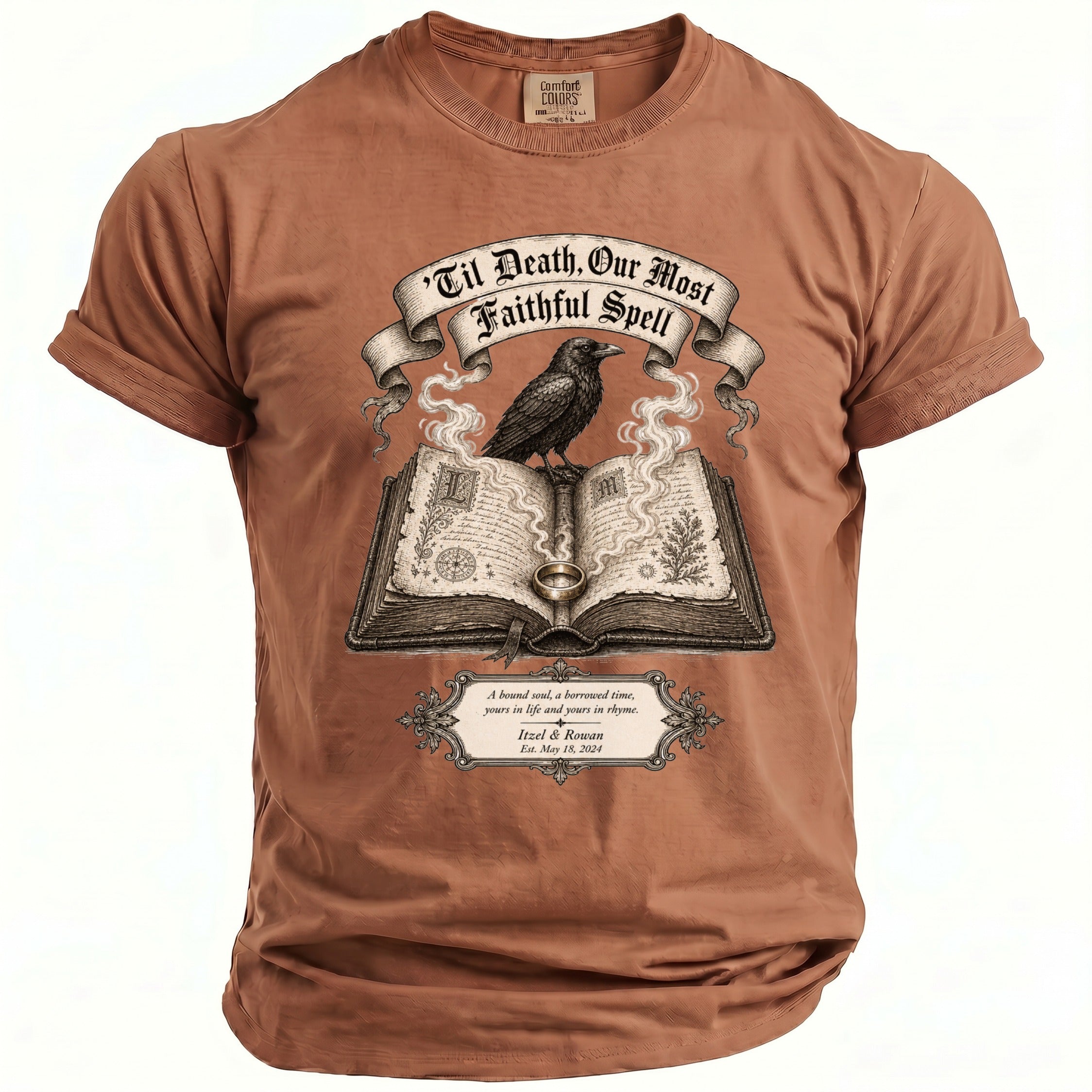 Brown t-shirt with raven on open book and text: 'Til Death, Our Most Faithful Spell.