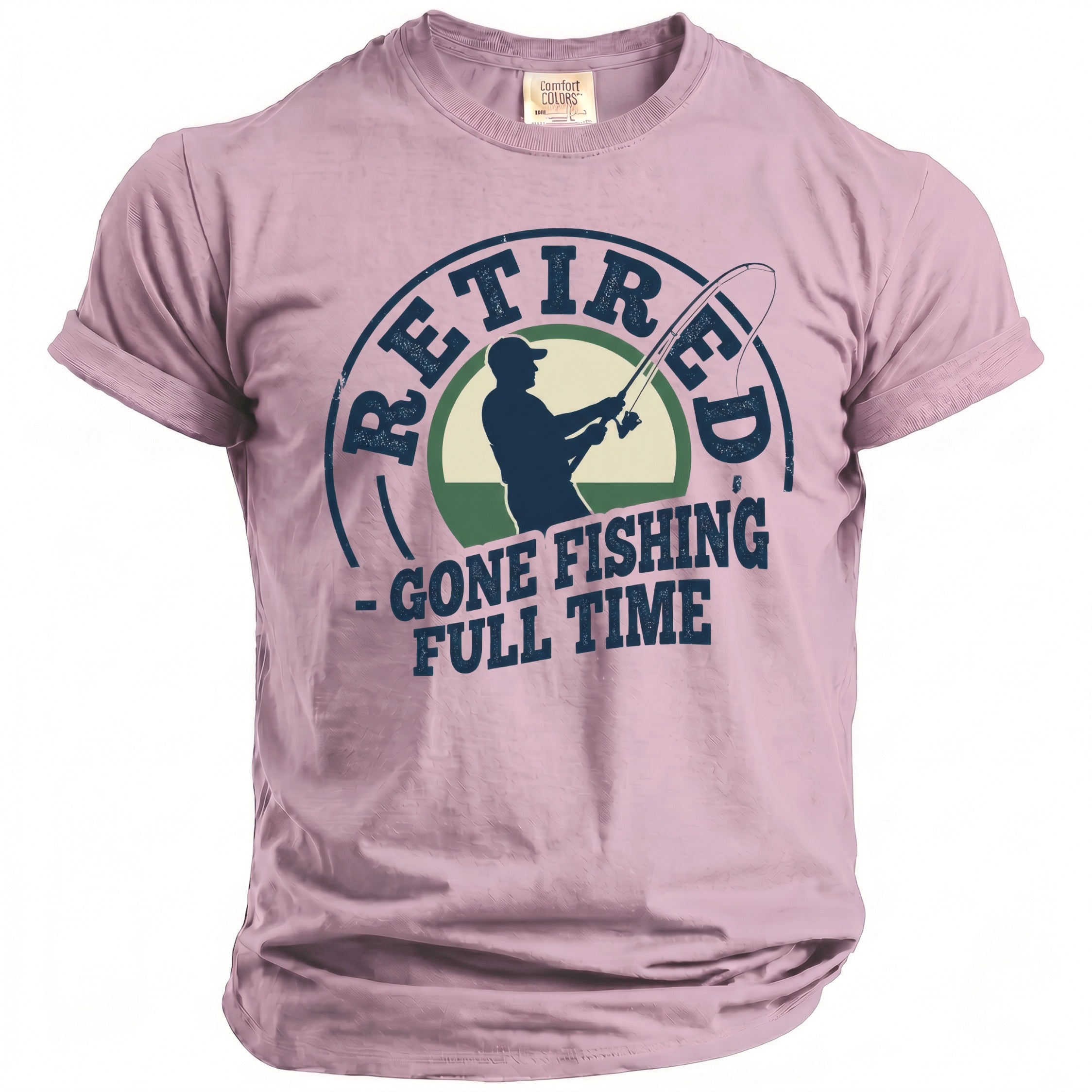Pink t-shirt with "Retired - Gone Fishing Full Time" graphic and fishing silhouette.