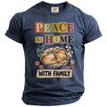 Navy t-shirt with "PEACE At HOME WITH FAMILY" text and sleeping dog.