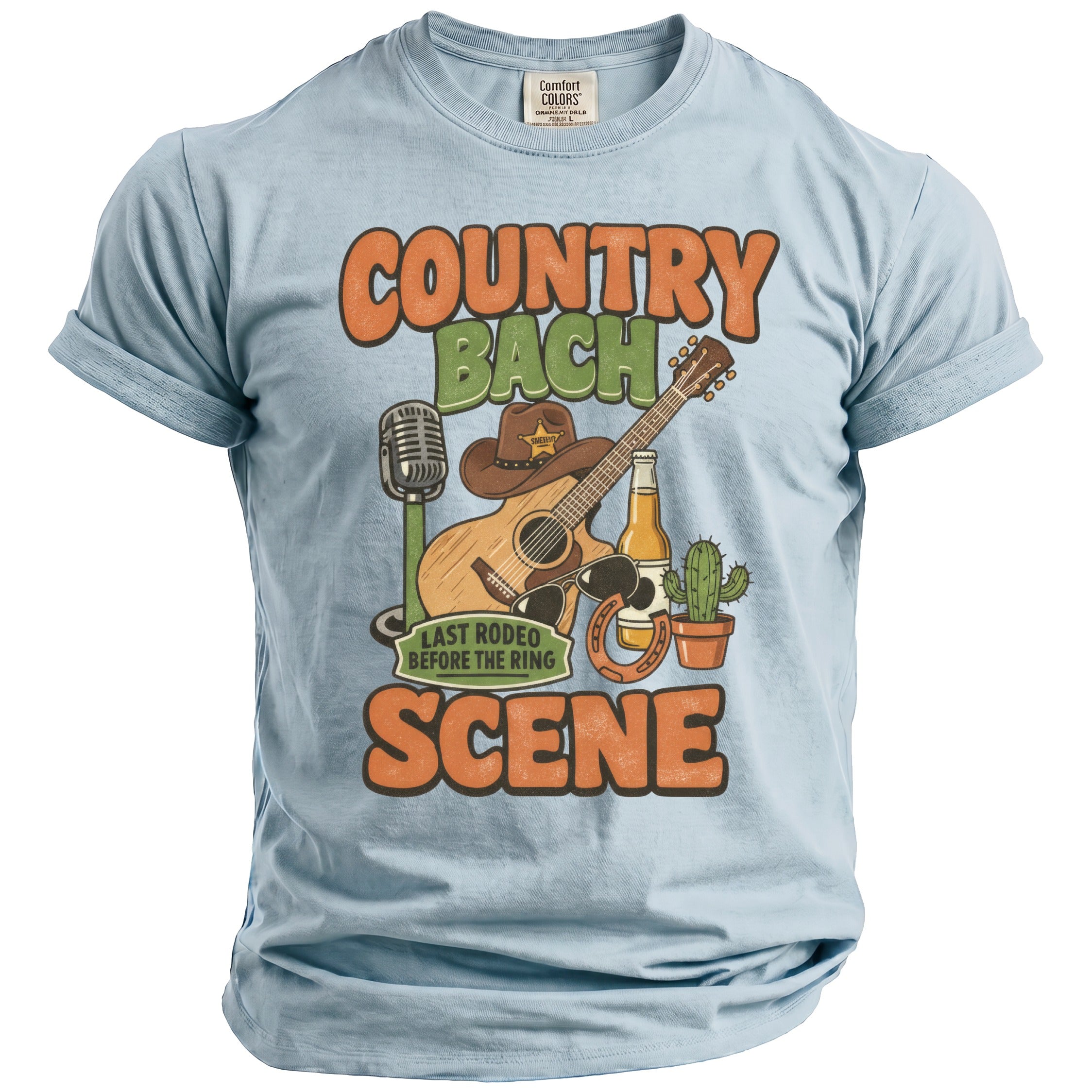 Light blue t-shirt with "Country Bach Last Rodeo Before The Ring Scene" graphic.