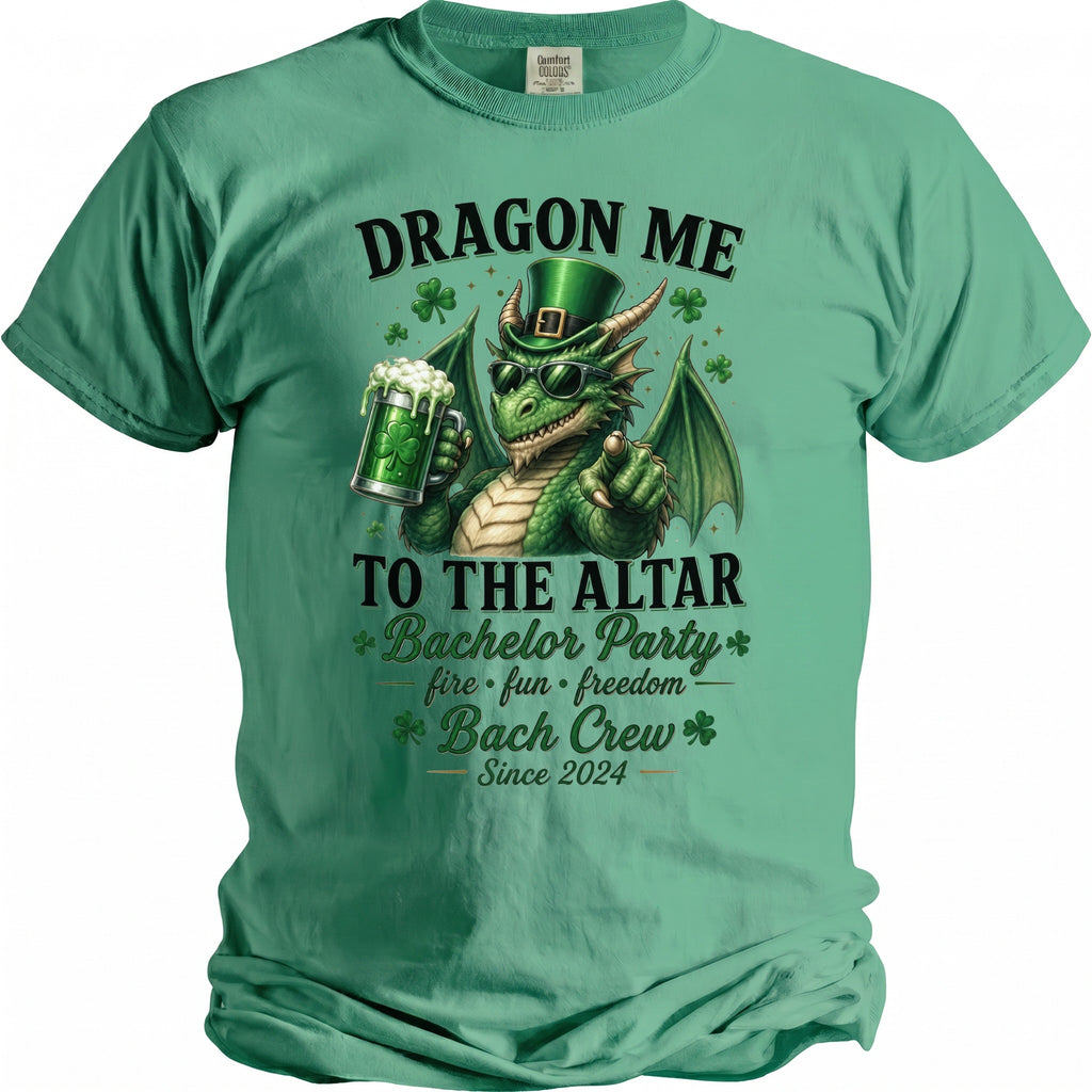 Green t-shirt with a dragon holding a beer mug, text "Dragon Me To The Altar Bachelor Party Since 2024".