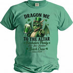 Green t-shirt with a dragon holding a beer mug, text "Dragon Me To The Altar Bachelor Party Since 2024".
