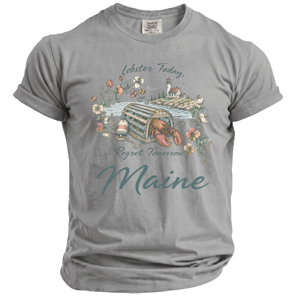 Gray t-shirt with lobster trap, lobster, lighthouse, and text "Lobster Today, Regret Tomorrow. Maine".