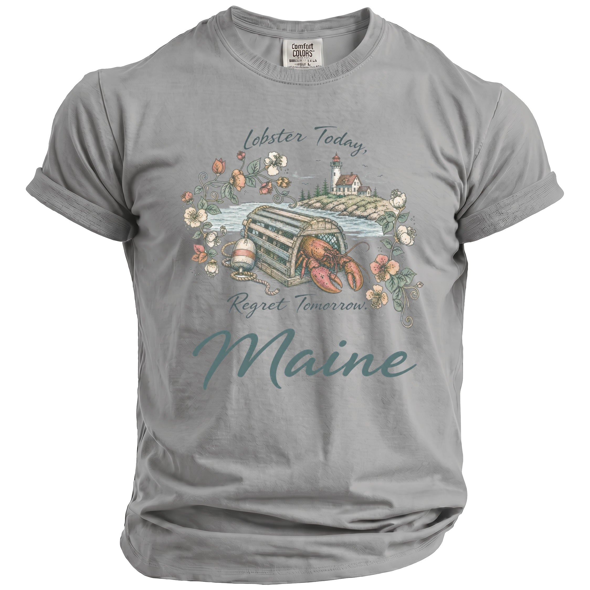 Gray t-shirt with lobster trap, lobster, lighthouse, and text "Lobster Today, Regret Tomorrow. Maine".