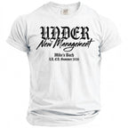 White t-shirt with "UNDER New Management Mike's Bach LA, CA. Summer 2026" text.
