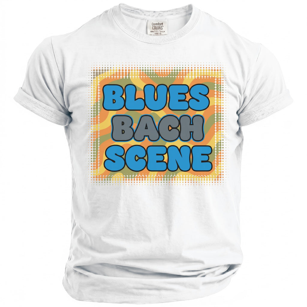 White t-shirt with "BLUES BACH SCENE" text in colorful bubble letters.