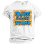 White t-shirt with "BLUES BACH SCENE" text in colorful bubble letters.