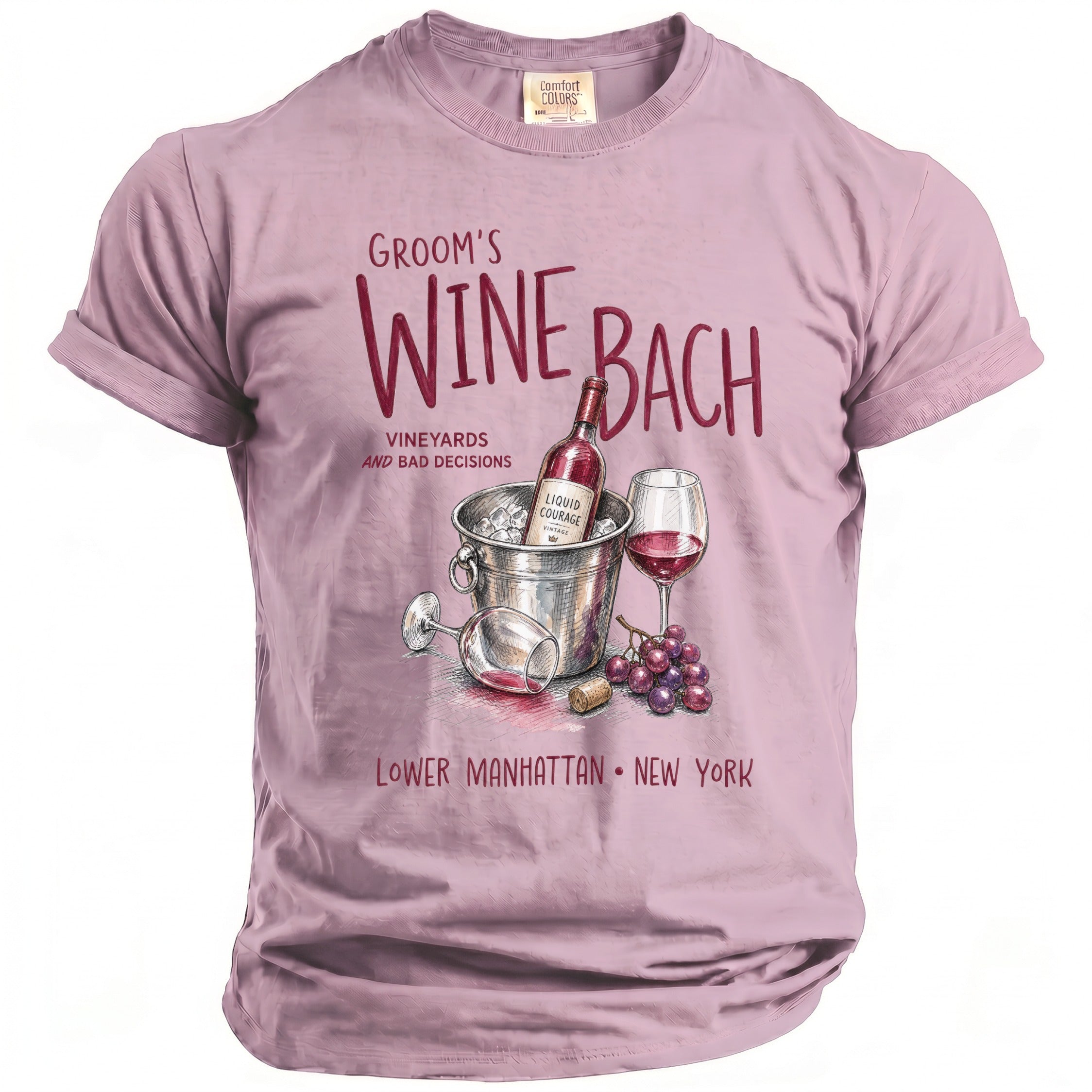 Groom's Wine Bach vineyards and bad decisions t-shirt Lower Manhattan New York.