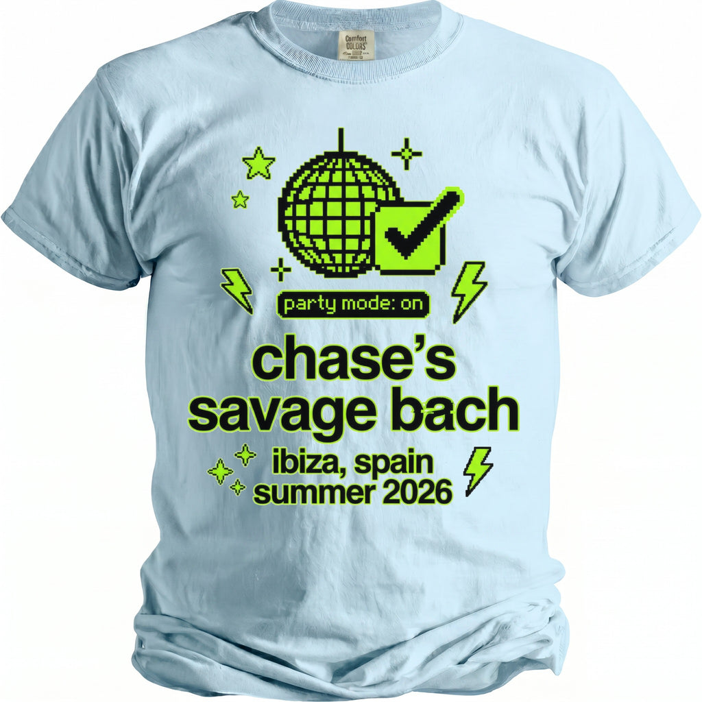 Light blue t-shirt with pixelated disco ball and text: "chase's savage bach ibiza, spain summer 2026".