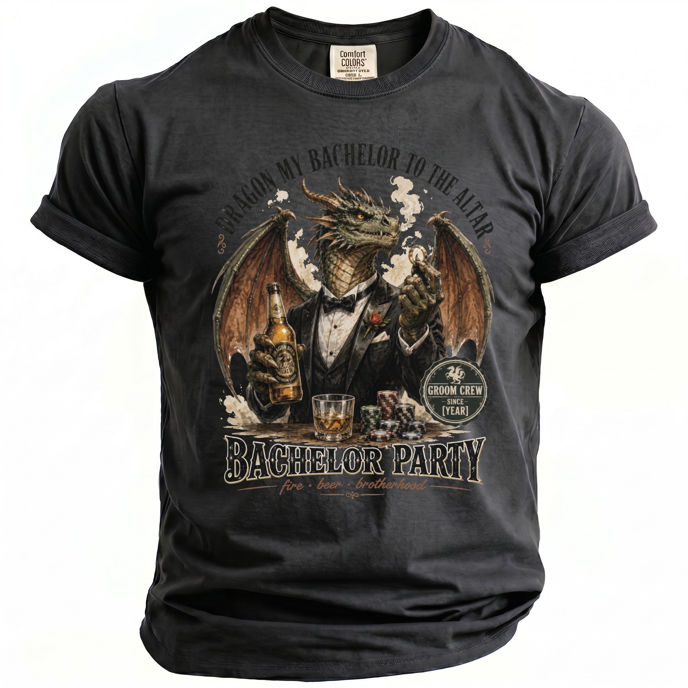 T-shirt graphic features a dragon in a tuxedo holding a beer and casino chips. Text reads "Dragon My Bachelor To The Altar" and "Bachelor Party".
