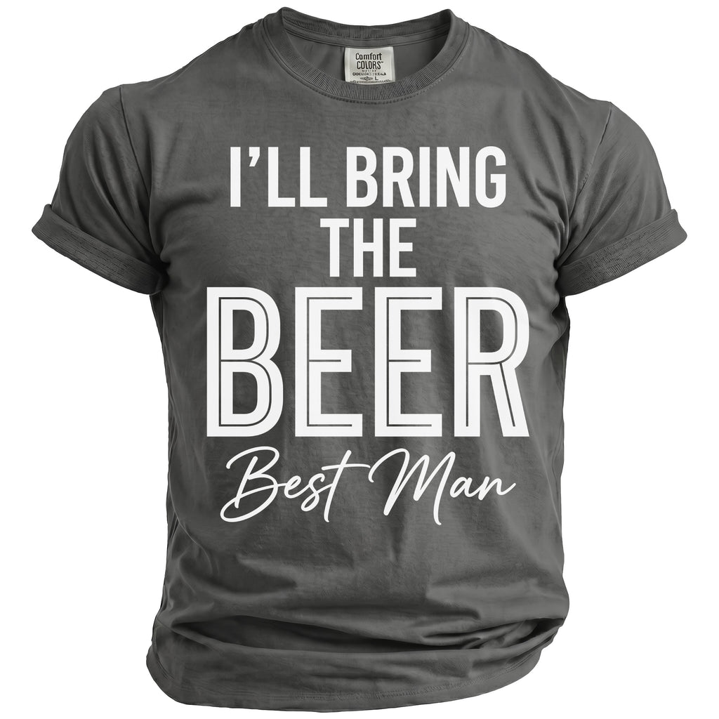 Dark grey t-shirt with text "I'LL BRING THE BEER Best Man".