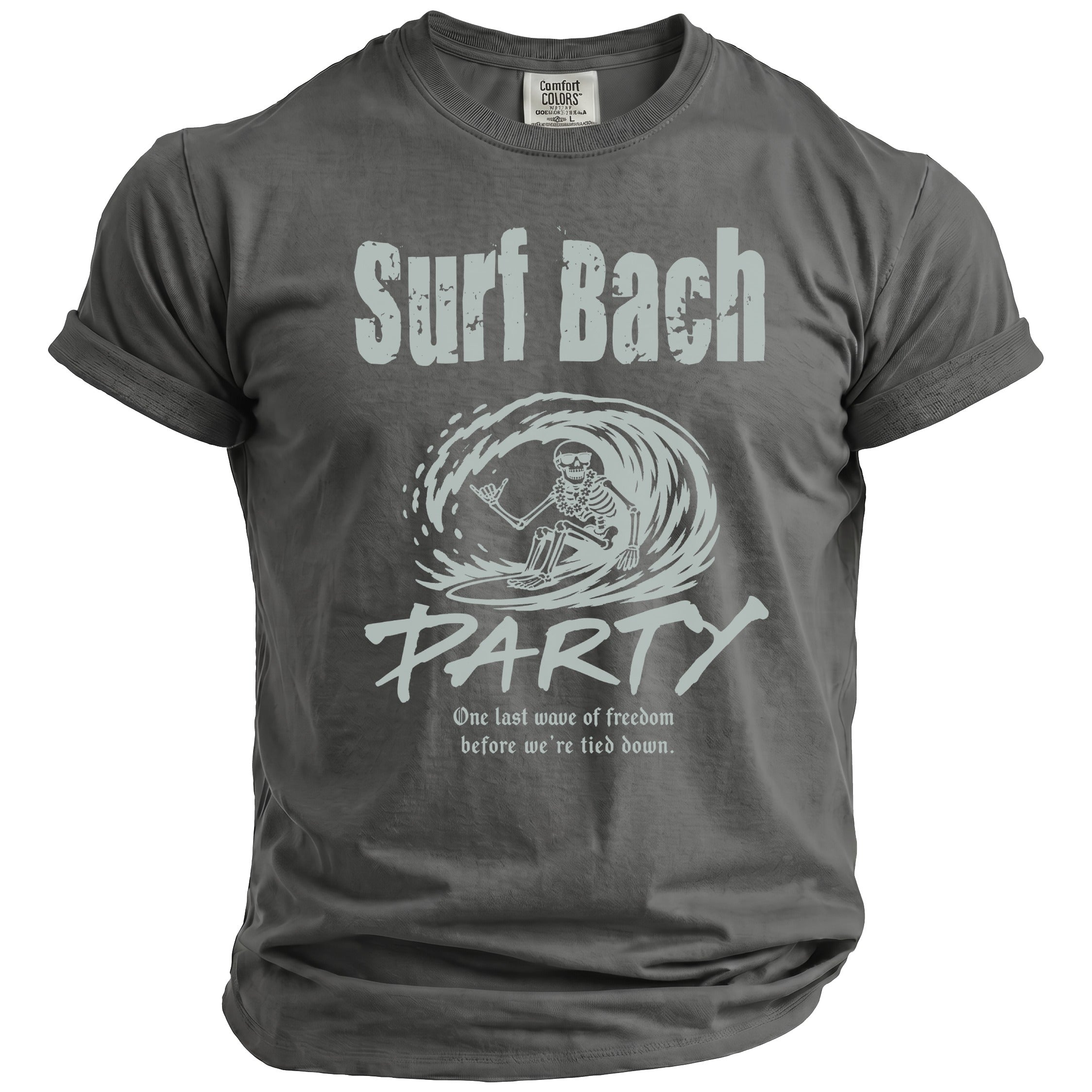 Gray t-shirt with "Surf Bach PARTY" text and skeleton surfing graphic.