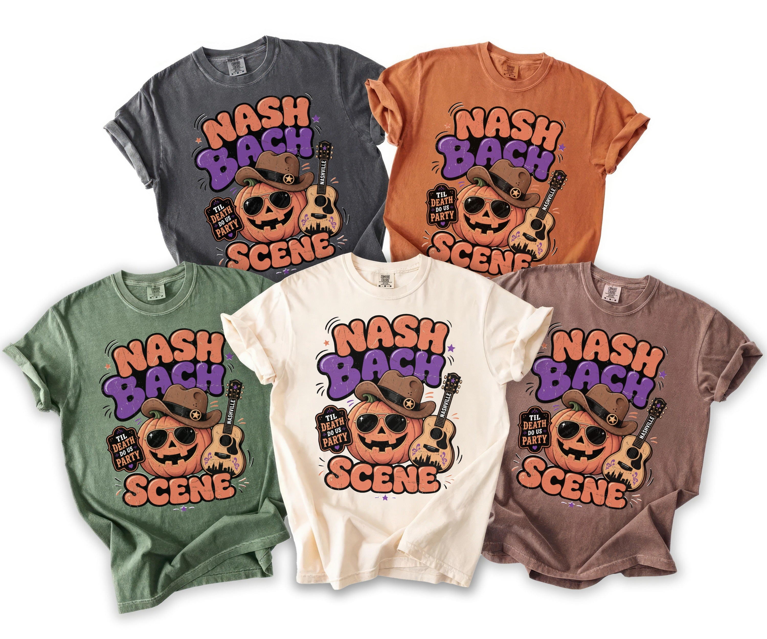 Five t-shirts in different colors with "Nash Bach Scene" text and pumpkin graphic.