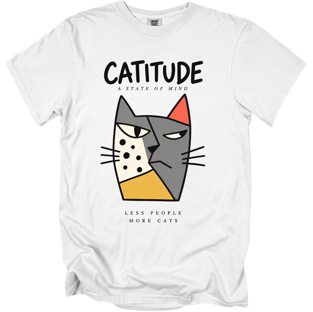 White t-shirt with "CATITUDE" text and a geometric cat design.