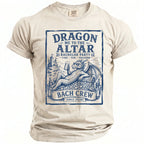 T-shirt graphic with dragon, beer, treasure chest, and text: "DRAGON ME TO THE ALTAR BACHELOR PARTY BACH CREW SINCE [YEAR]".