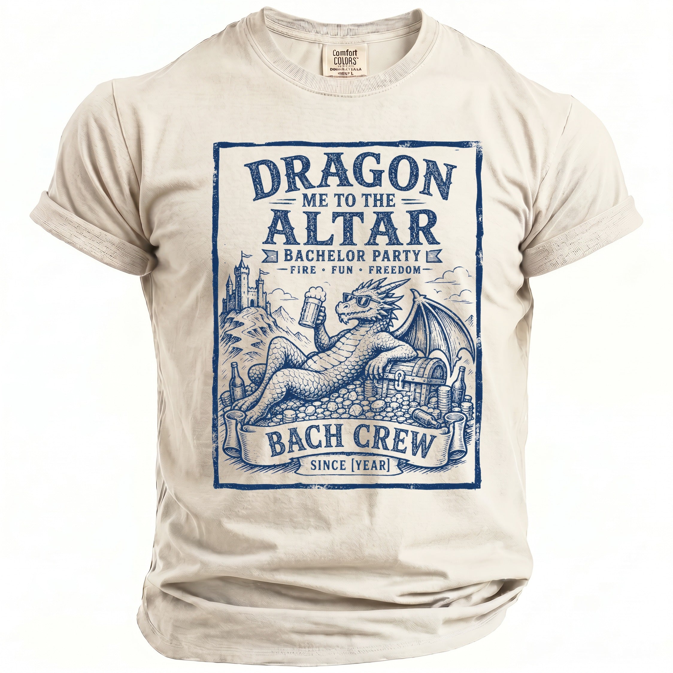 T-shirt graphic with dragon, beer, treasure chest, and text: "DRAGON ME TO THE ALTAR BACHELOR PARTY BACH CREW SINCE [YEAR]".