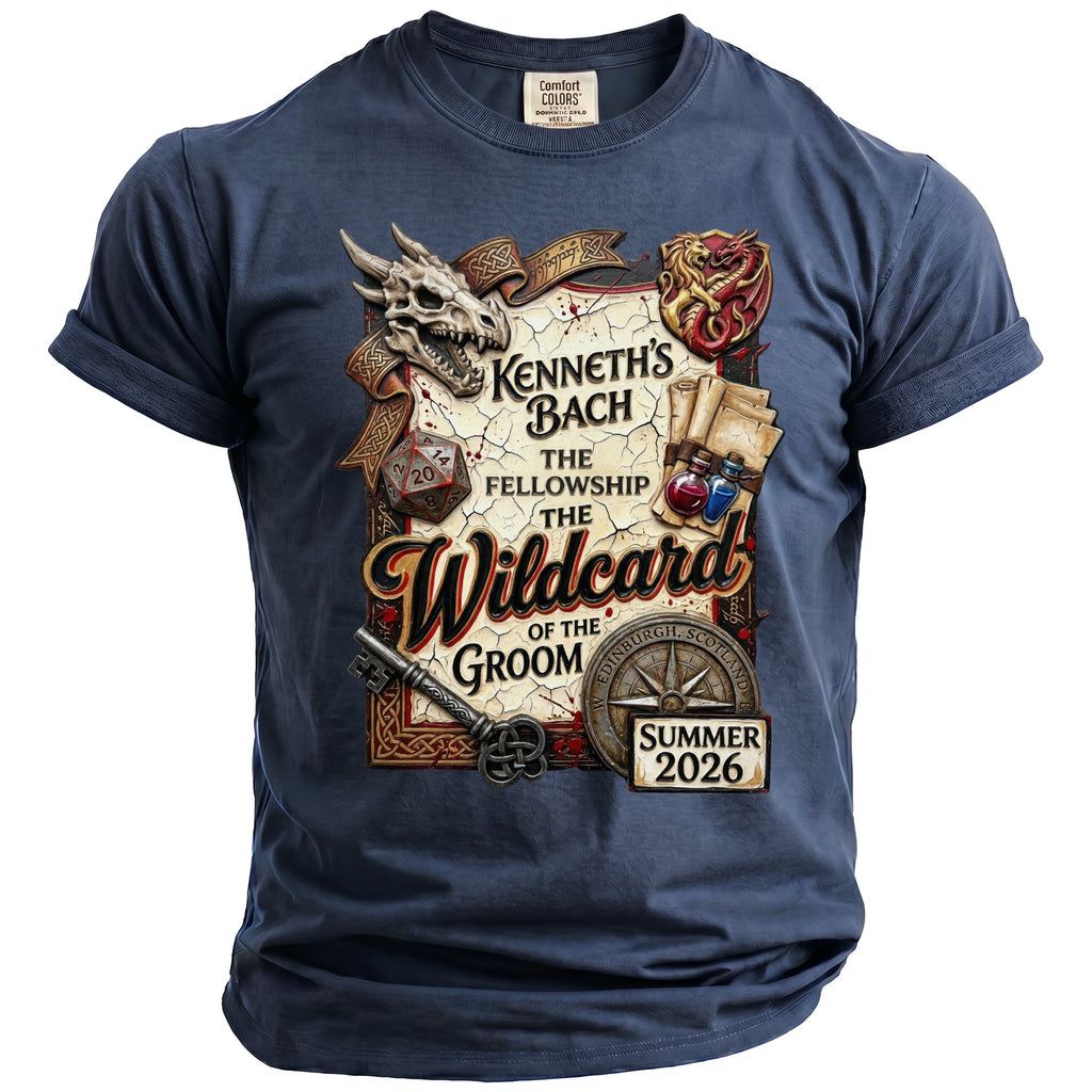 T-shirt with "Kenneth's Bach The Fellowship The Wildcard of the Groom Edinburgh Scotland Summer 2026" text.