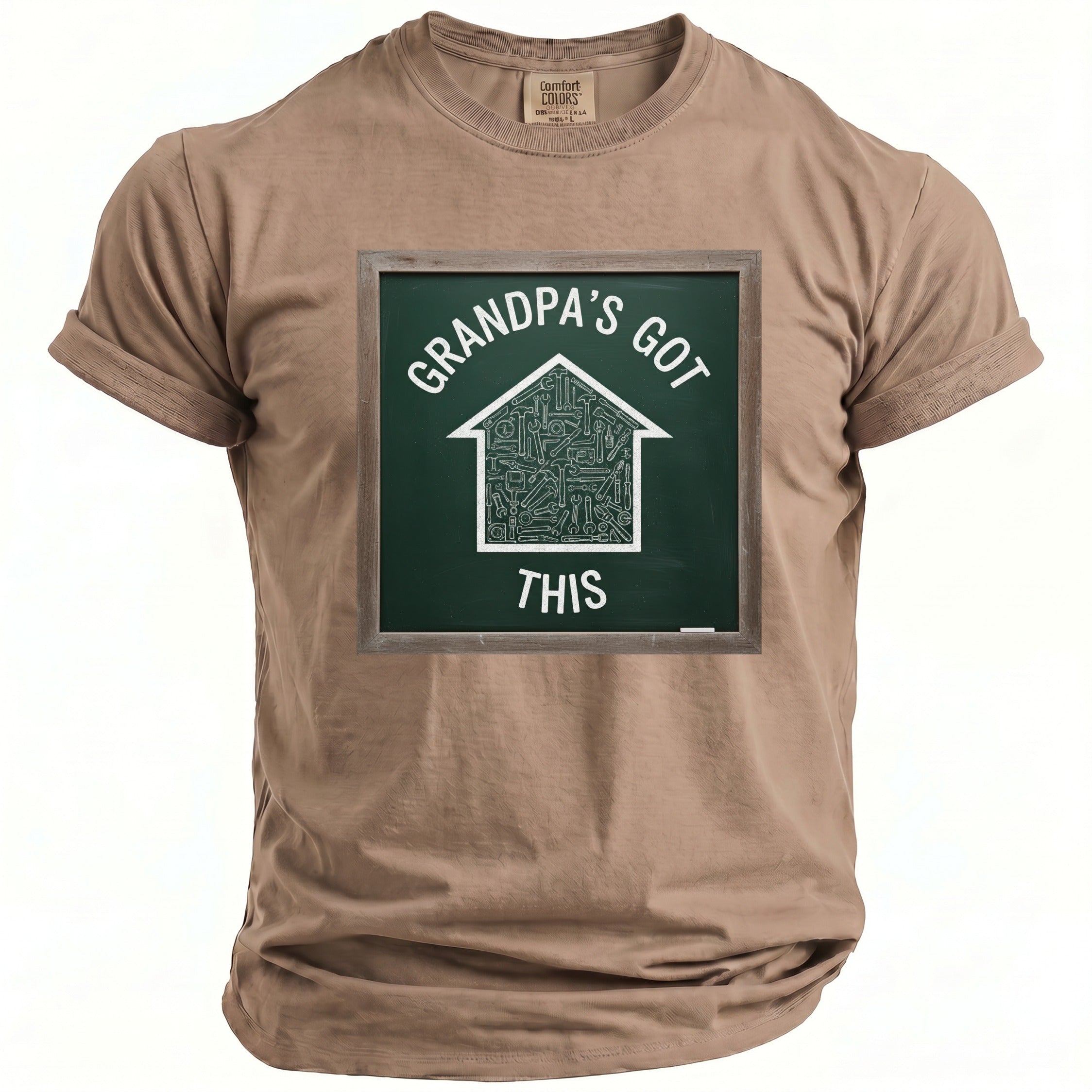 Brown t-shirt with a graphic of a house made of tools and the text "GRANDPA'S GOT THIS".