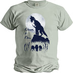 T-shirt with navy silhouette of wolf howling at moon, and "Groom & Crew" text and wolves.