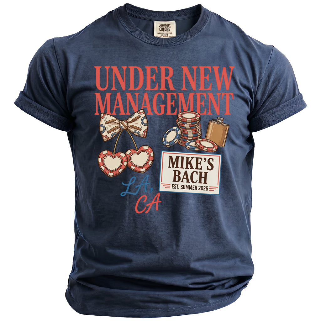 Navy t-shirt with "Under New Management" and "Mike's Bach" graphics.
