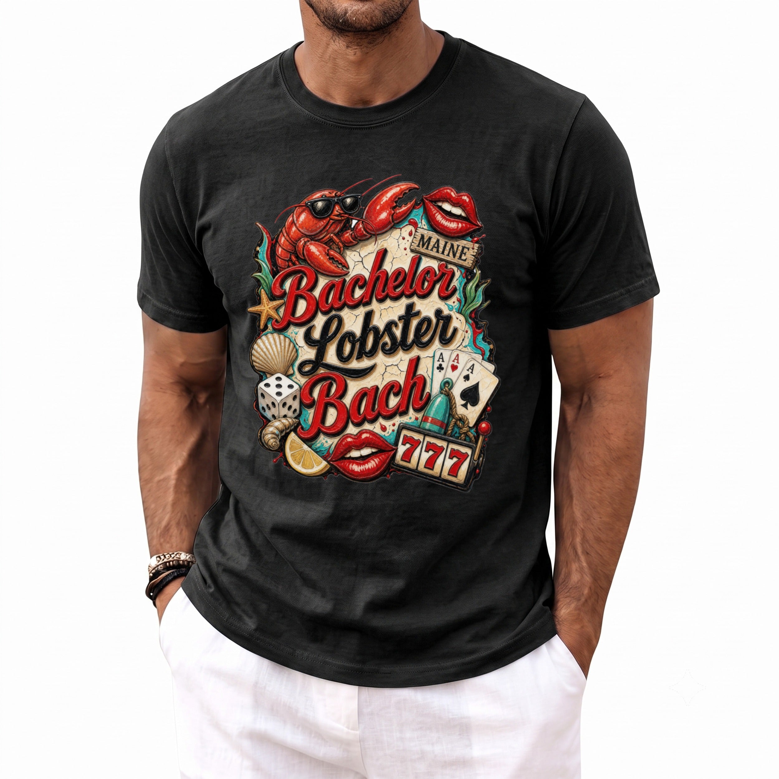 Black t-shirt graphic with lobster, lips, "Maine Bachelor Lobster Bach" text, and gambling elements.