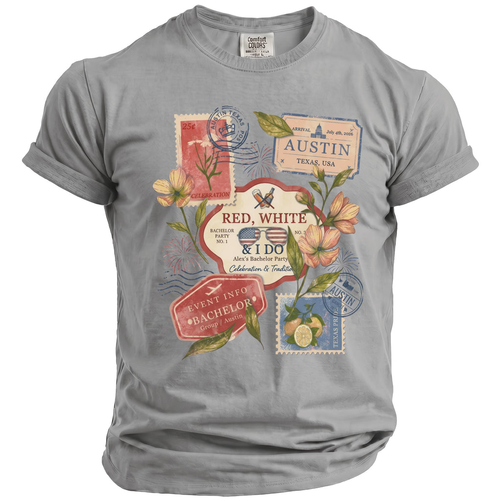 Grey t-shirt with "Red, White & I Do Alex's Bachelor Party" and Austin vacation stamp graphics.
